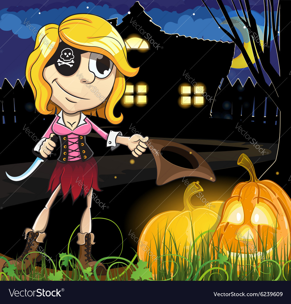 Halloween pirate girl near the haunted house