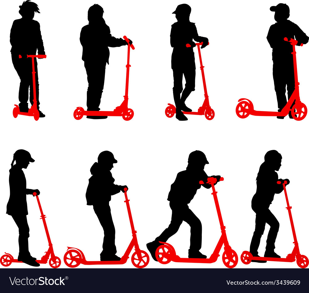 Set of silhouettes children riding on scooters