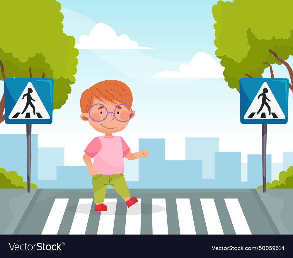 Little boy character learn traffic rule crossing Vector Image