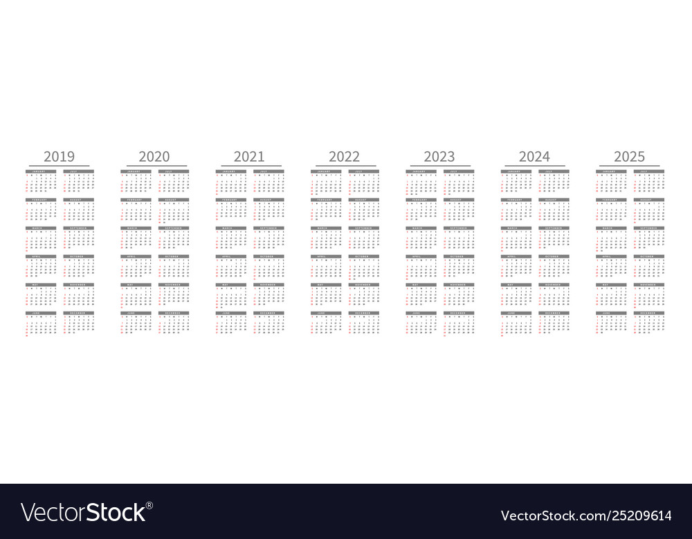 Mockup simple calendar layout for 2019 to 2025 Vector Image