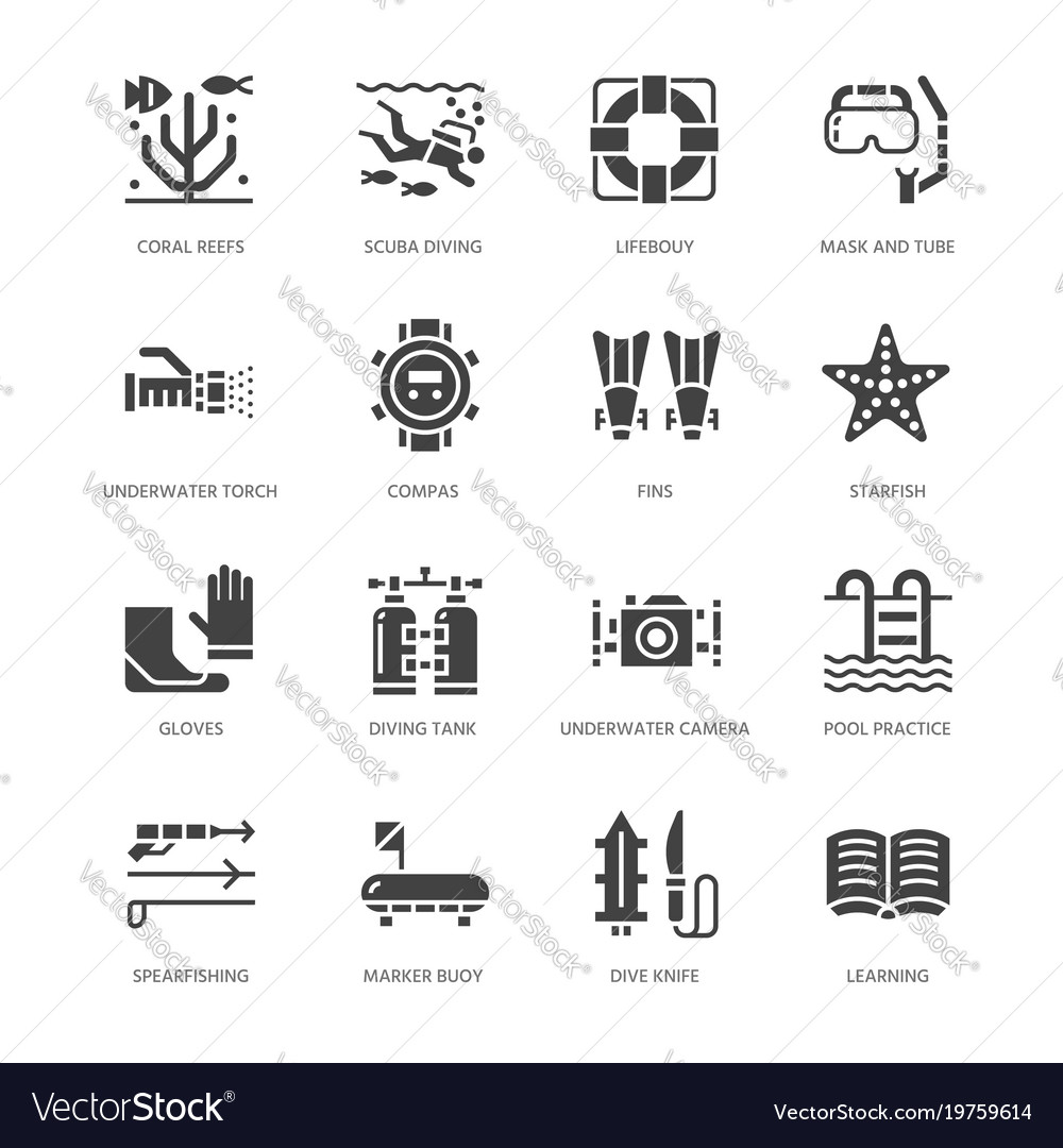 Scuba diving snorkeling flat glyph icons