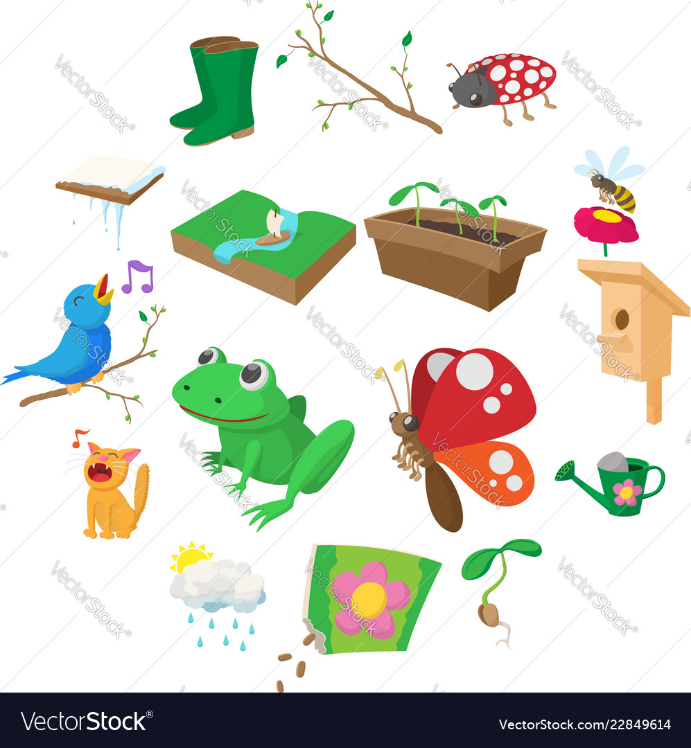 Spring icons set cartoon style Royalty Free Vector Image