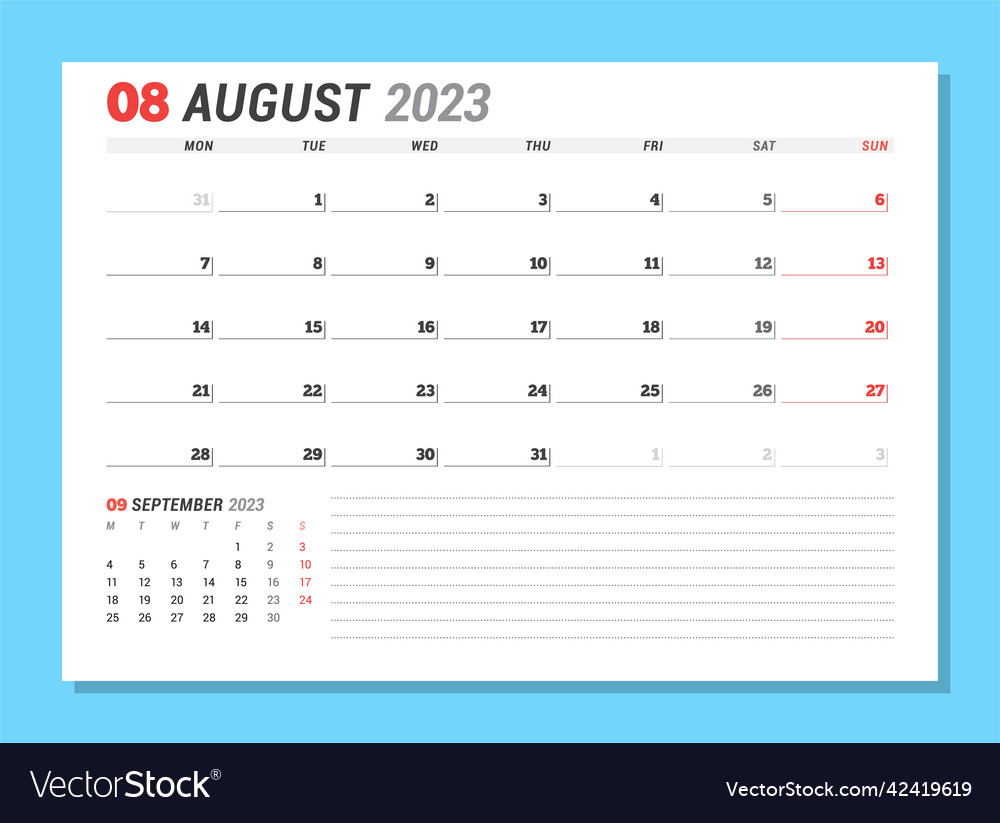 Calendar page for august 2023 monthly planner Vector Image