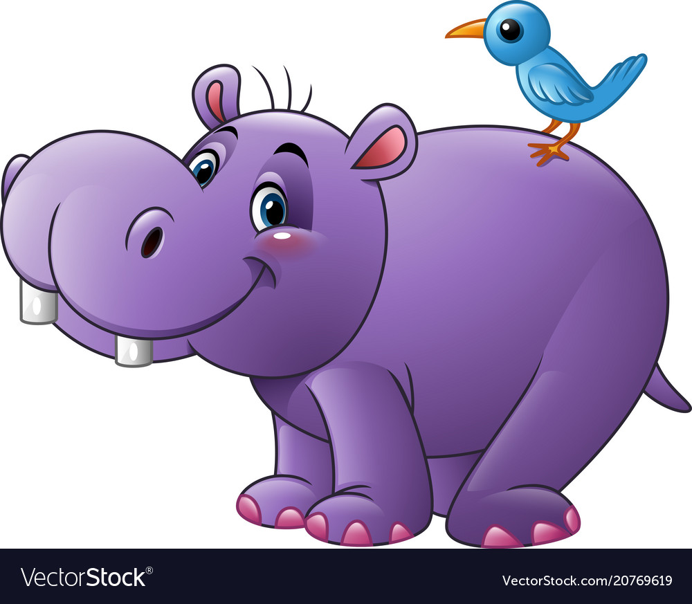 Cartoon funny hippo with bird Royalty Free Vector Image