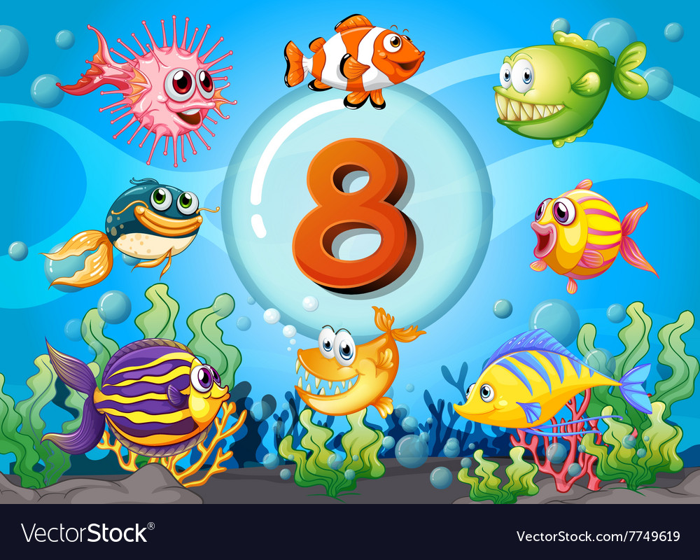 Flashcard number eight with 8 fish underwater Vector Image