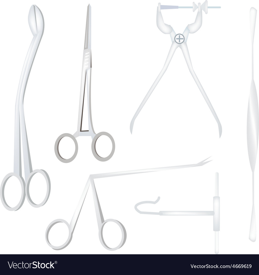 Set of surgical instruments on white background