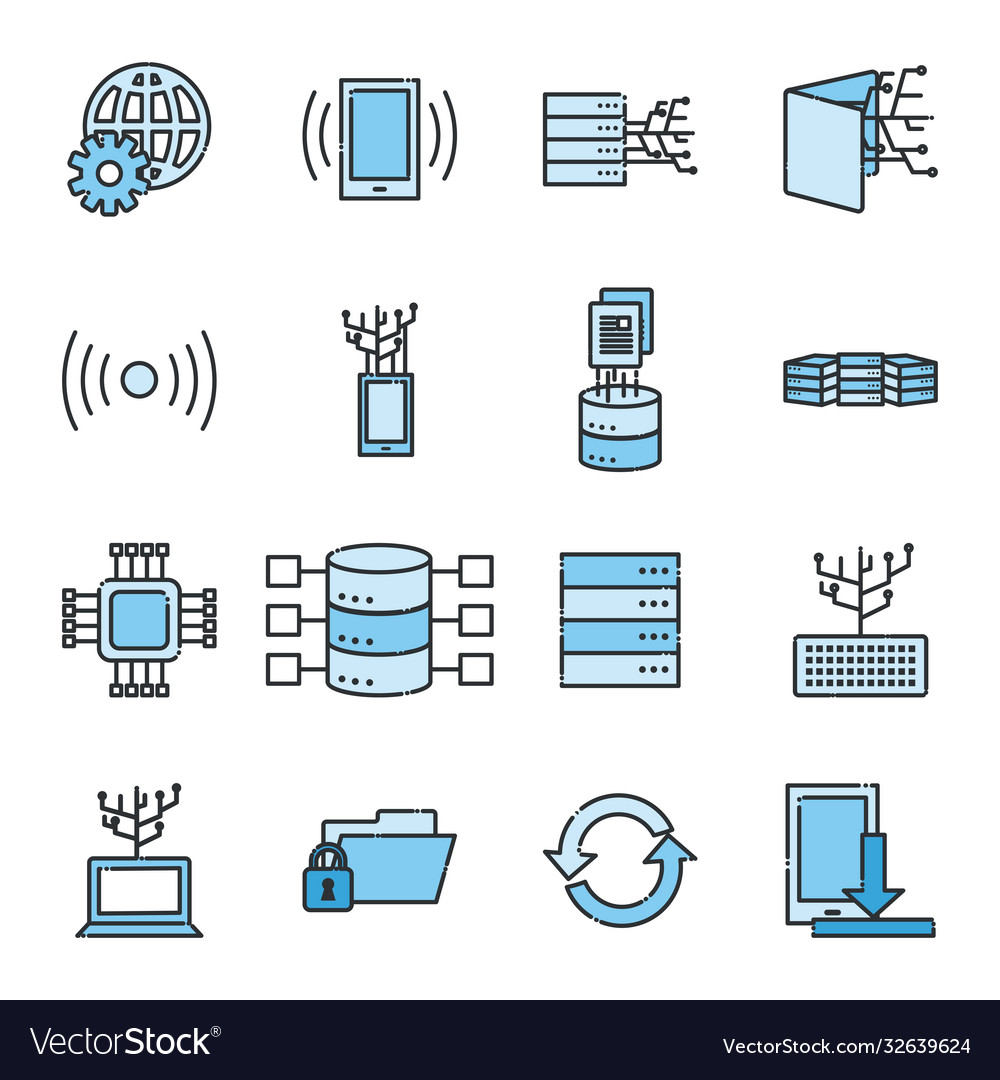 Big data line and fill style icon set