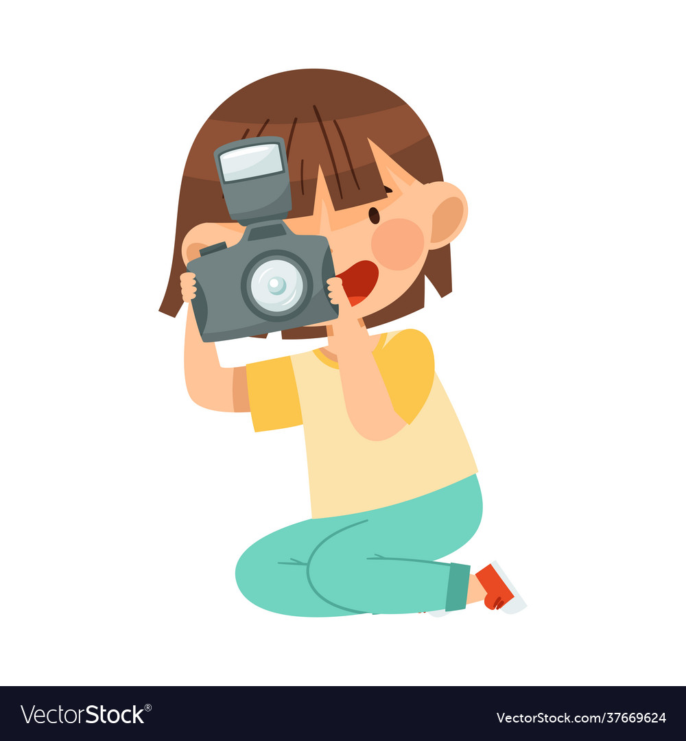 Girl holding camera and taking photo vector image Girl holding camera and taking photo