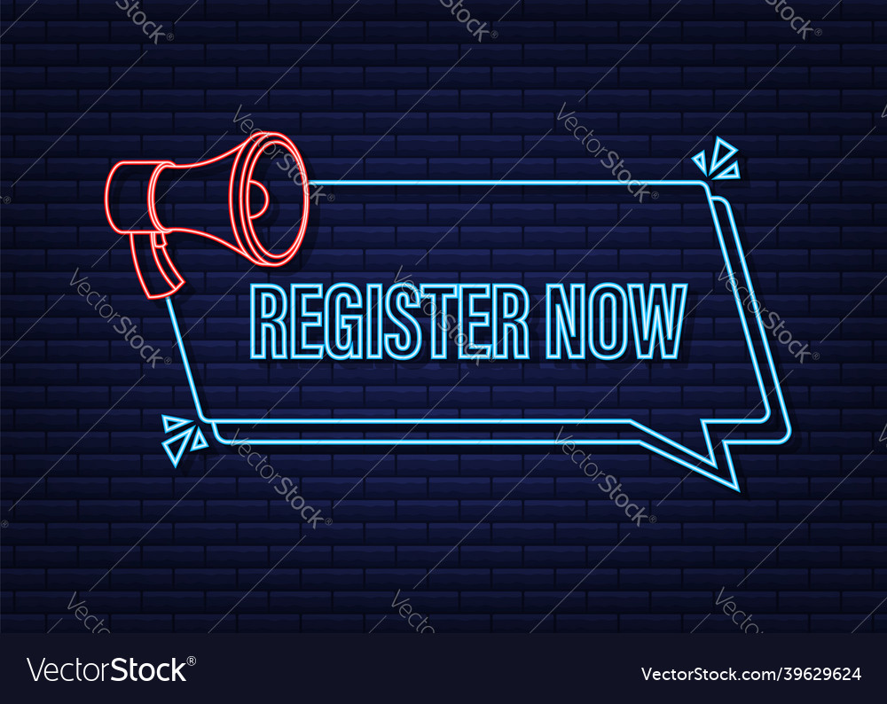 Megaphone label with register now neon icon web