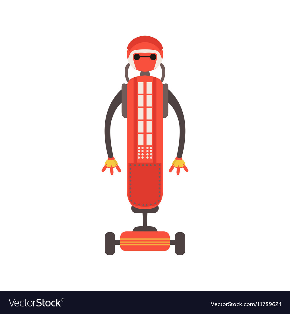 Red friendly android robot character on wheeled