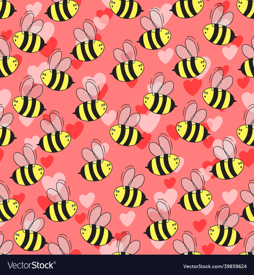 Seamless pattern with bees and hearts on color vector image Seamless pattern with bees and hearts on color