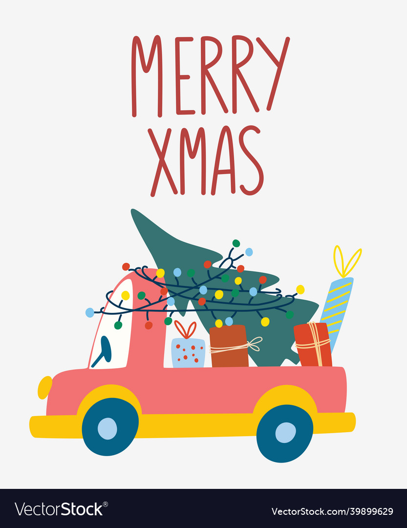Car with a christmas tree and gifts boxes vector image Car with a christmas tree and gifts boxes