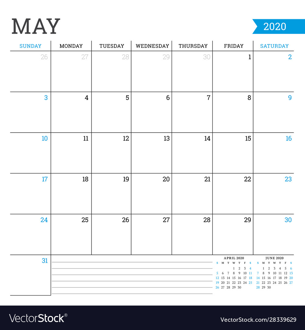 May 2020 square monthly calendar planner template Vector Image