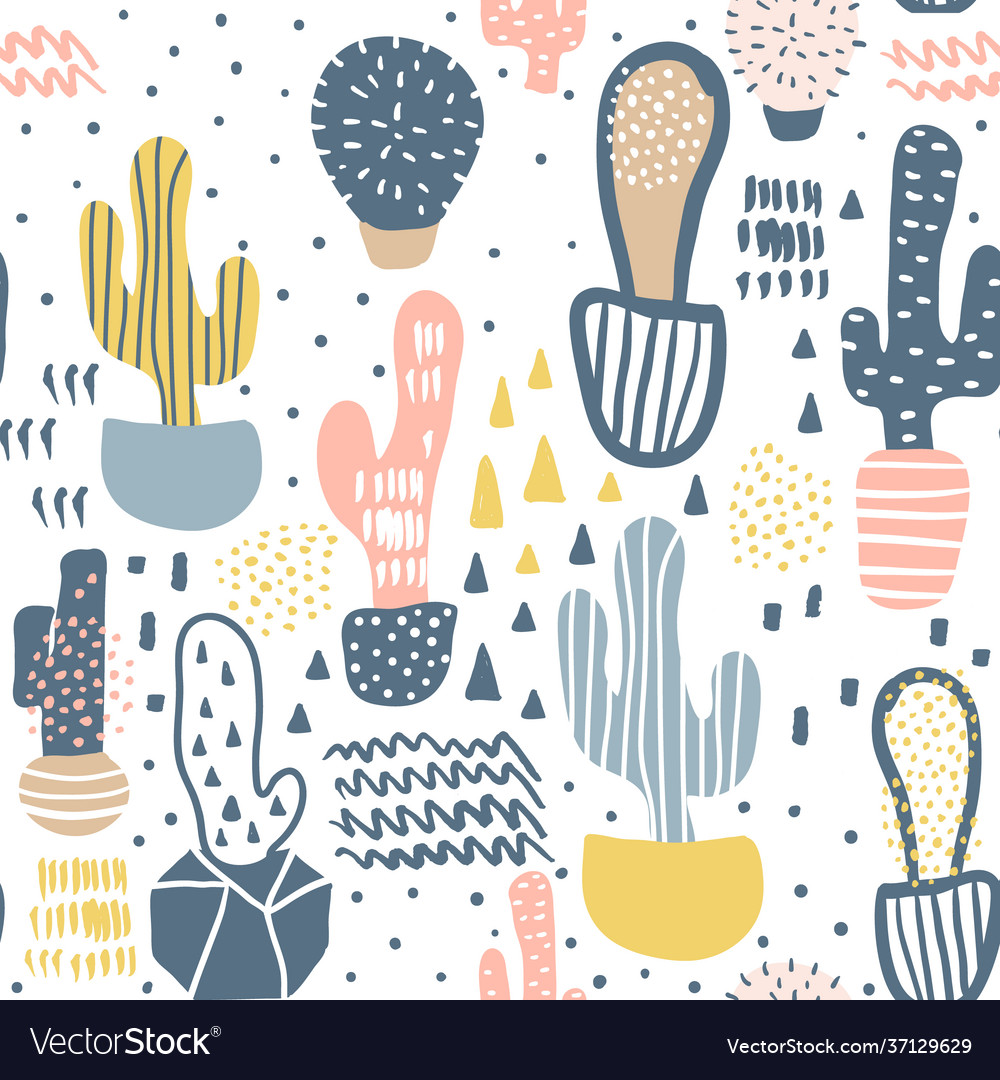 Seamless pattern with cactuses and hand drawn vector image Seamless pattern with cactuses and hand drawn