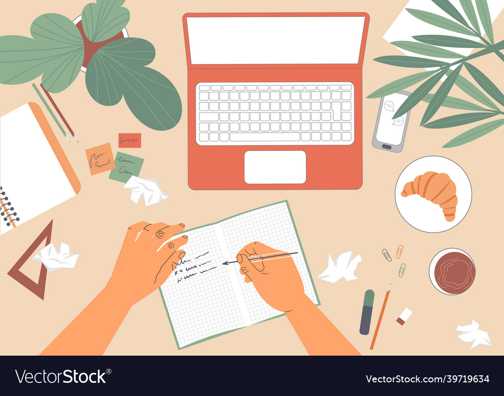 Top view of a hands are writing in notebook vector image Top view of a hands are writing in notebook