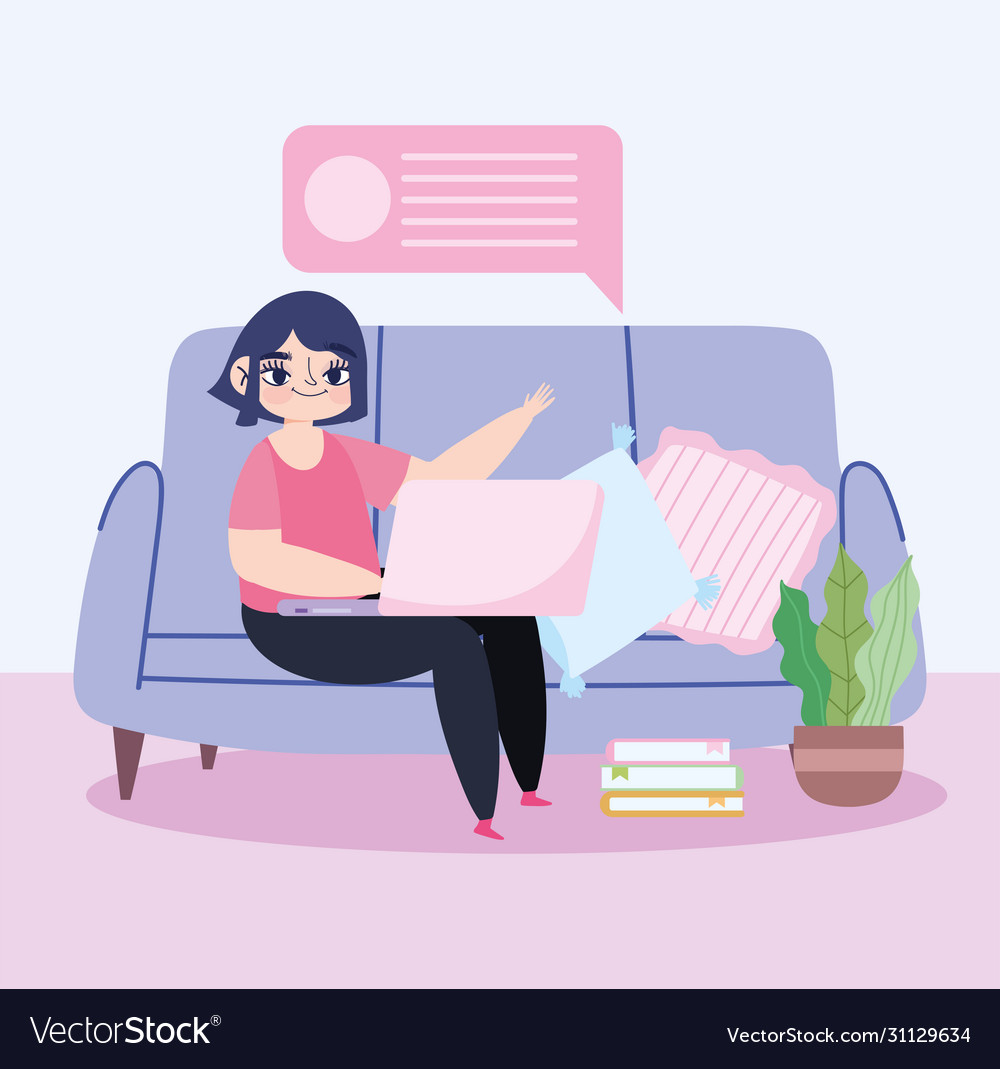 Working remotely young woman with laptop on sofa