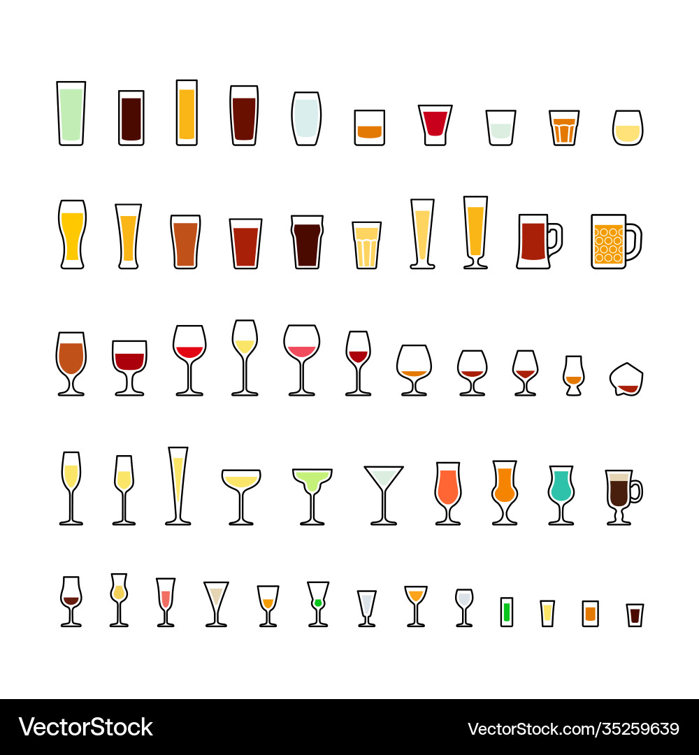 Bar glassware colorful icons set Royalty Free Vector Image