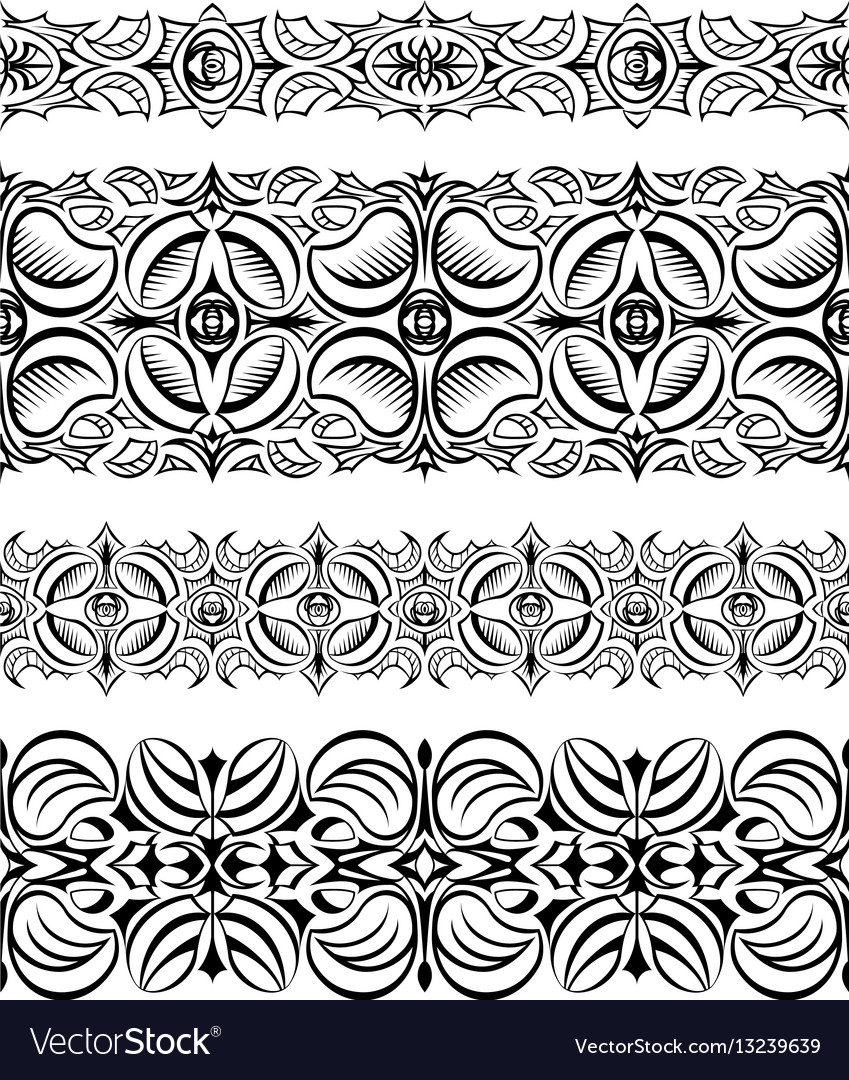 Set of abstract seamless lace borders with hatch