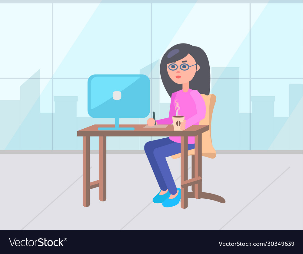 Woman using laptop at working space workplace