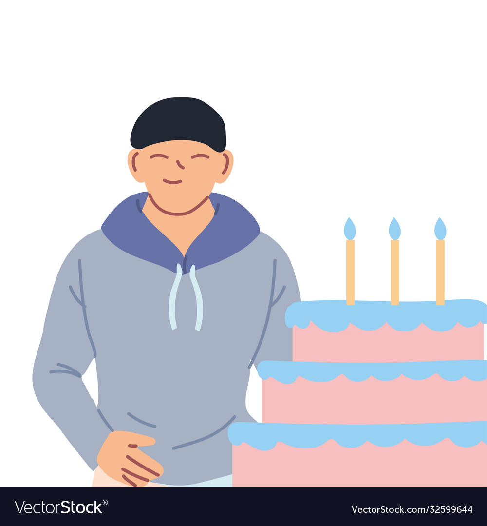 Asian man cartoon with happy birthday cake