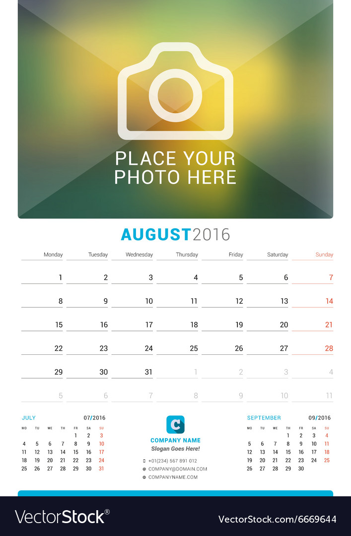 August 2016 wall monthly calendar for year