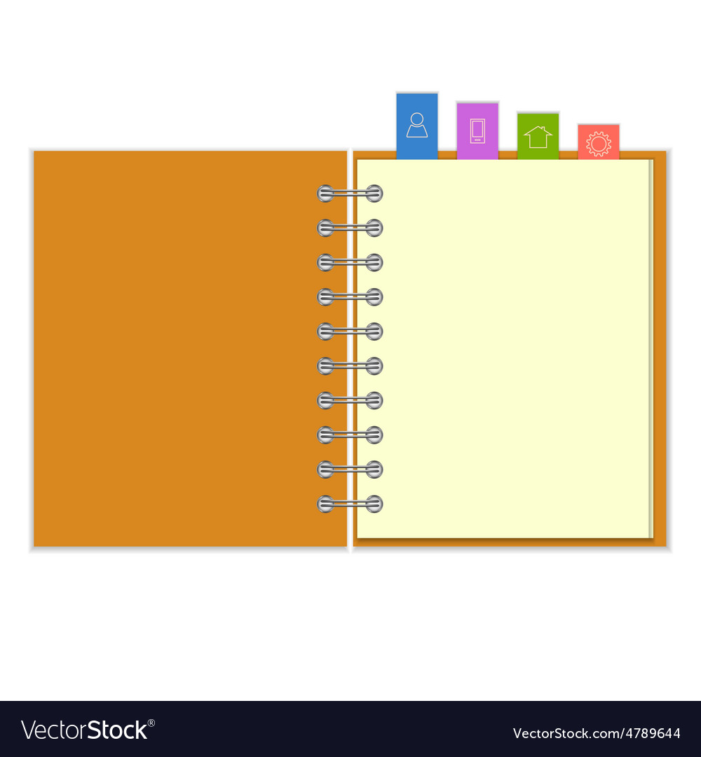 Blank notebook with colorful information bookmarks