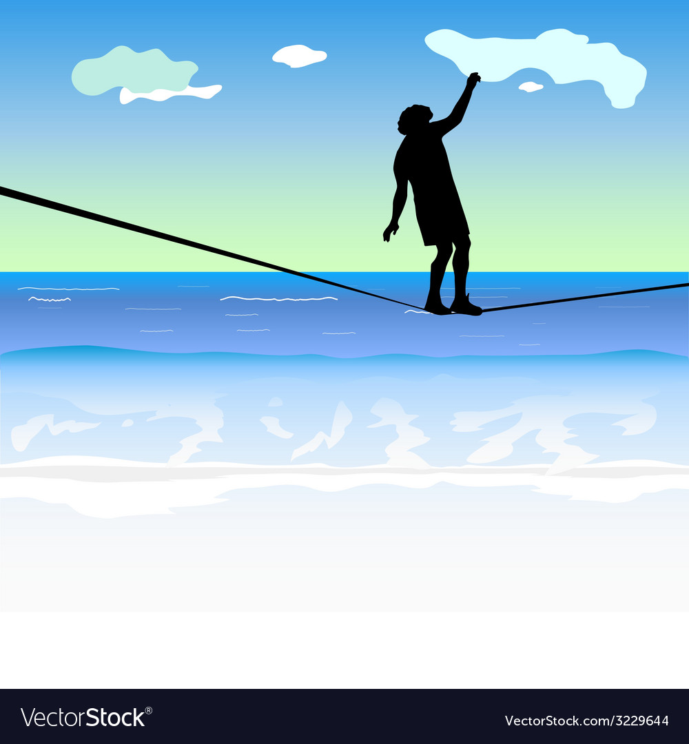 Man walking on the tightrope above sea