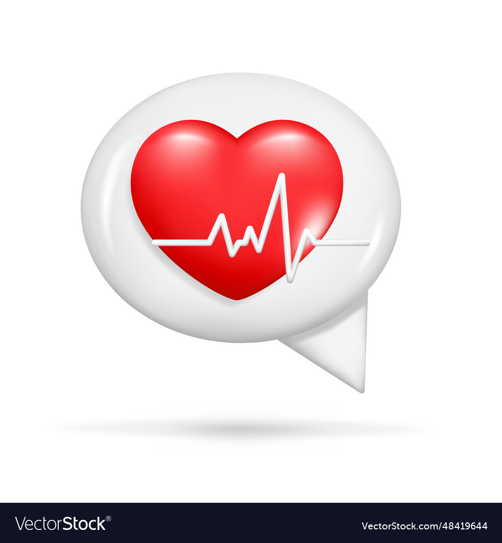 Realistic 3d speech bubble red heart pulse line