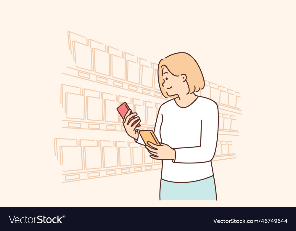 Woman looking for sweet chocolate on grocery store vector image Woman looking for sweet chocolate on grocery store