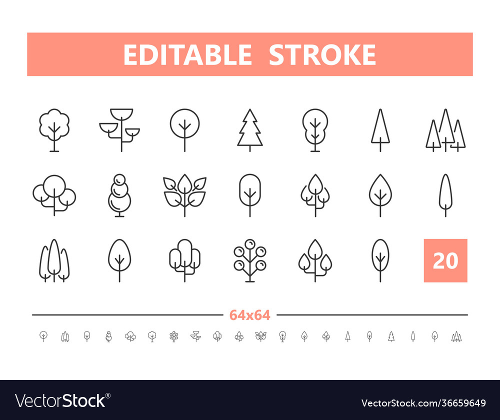Tree 20 line icons vector image Tree 20 line icons