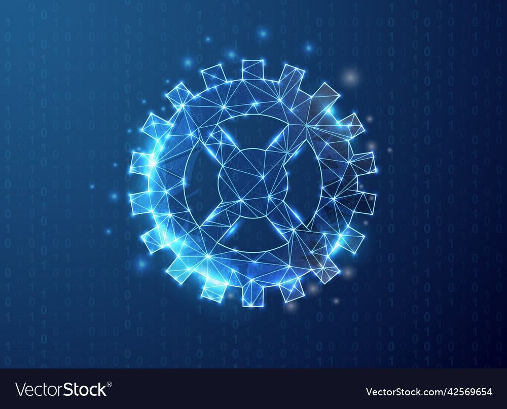 Gear polygonal symbol with binary code background