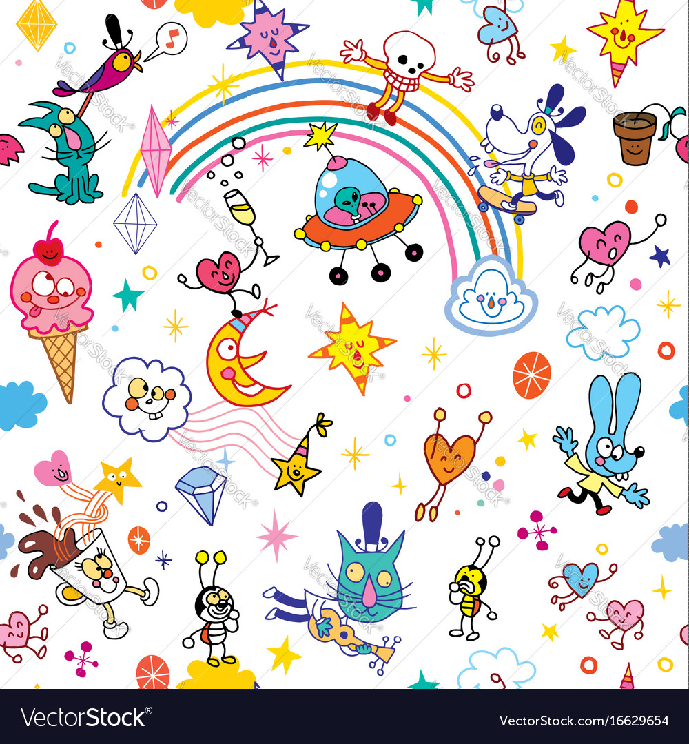 Group of cartoon characters fun seamless pattern
