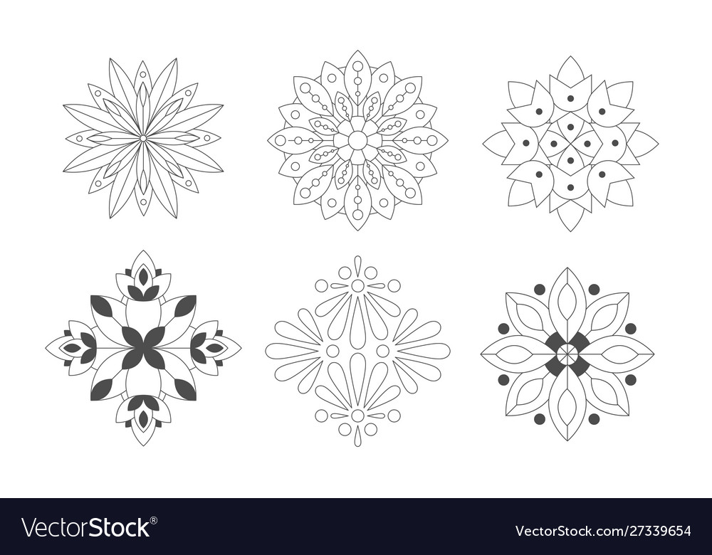 Ornamental round graphic flowers set monochrome