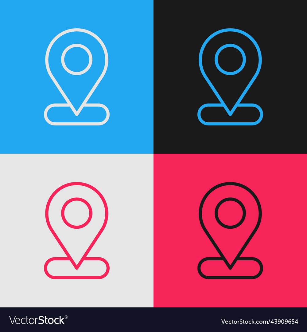 Pop art line map pin icon isolated on color