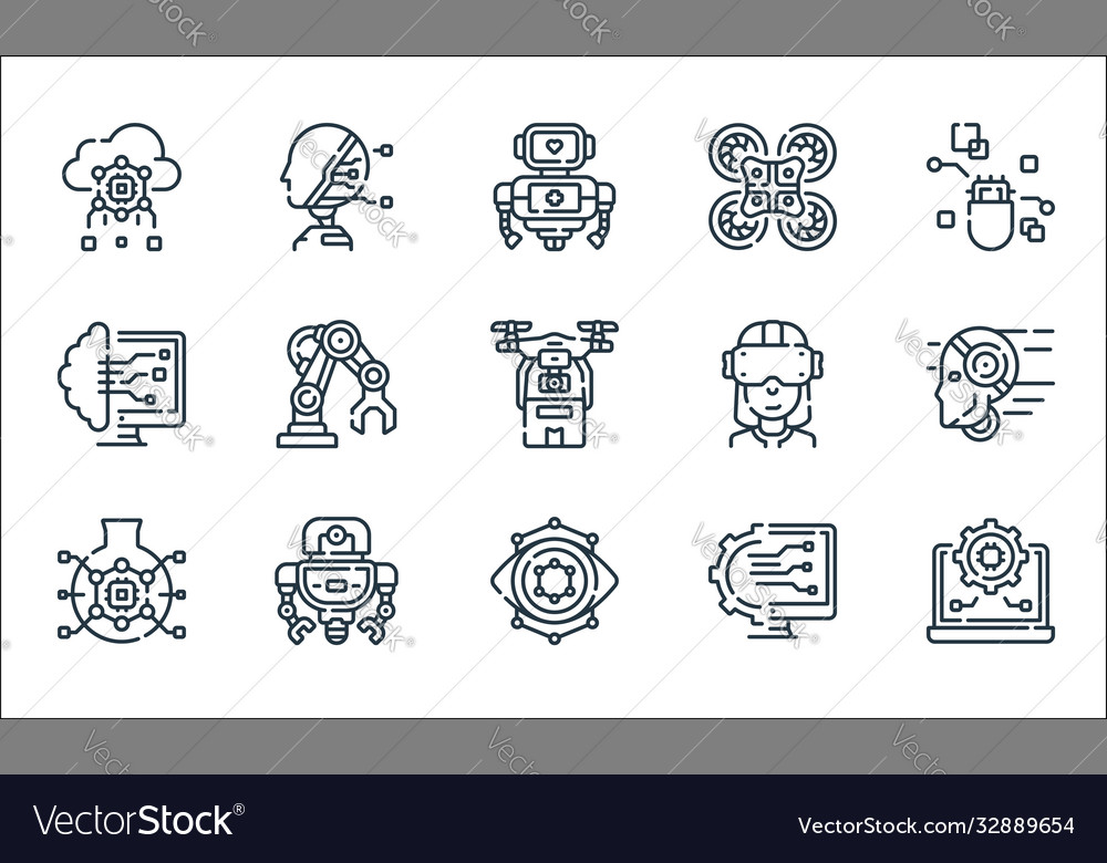 Robotics line icons linear set quality vector image Robotics line icons linear set quality