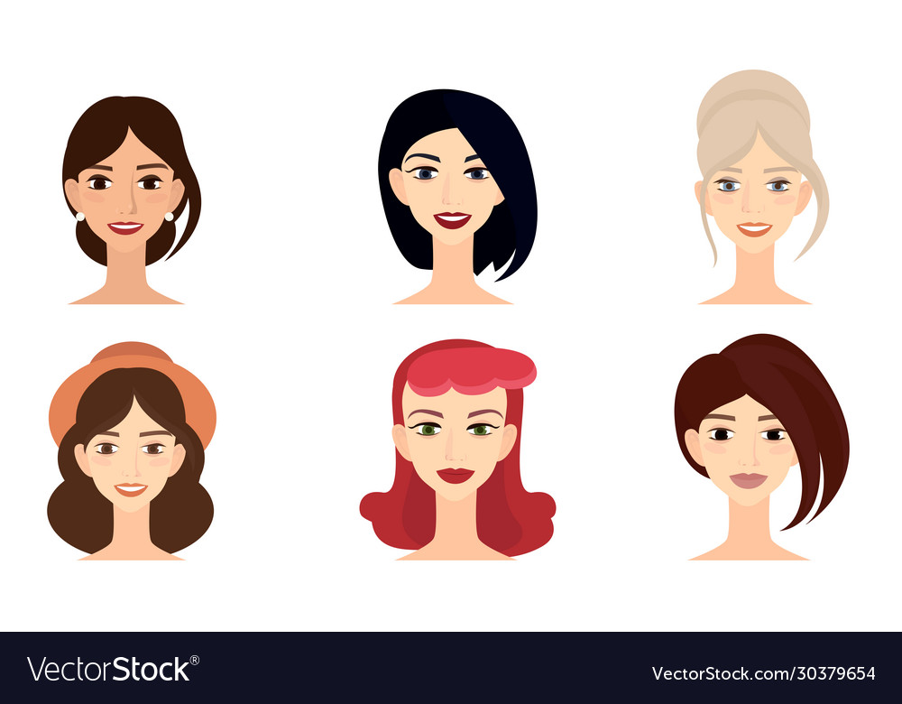 Set female faces with different hairstyles