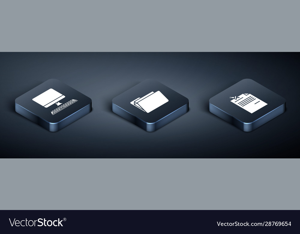 Set isometric computer monitor with keyboard note vector image Set isometric computer monitor with keyboard note