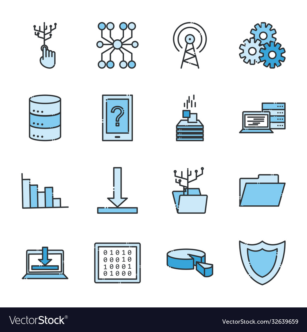 Big data line and fill style icon set