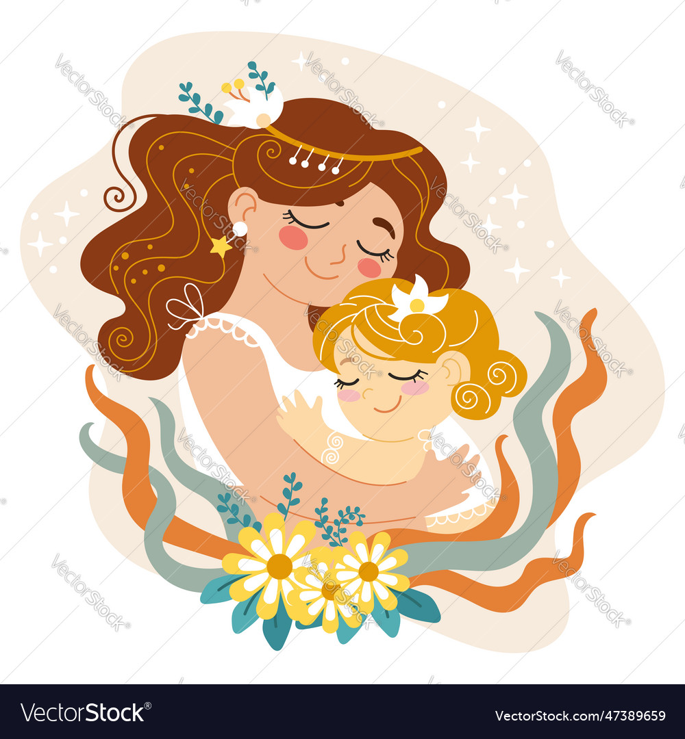 Cartoon mama hugs her little daughter Royalty Free Vector