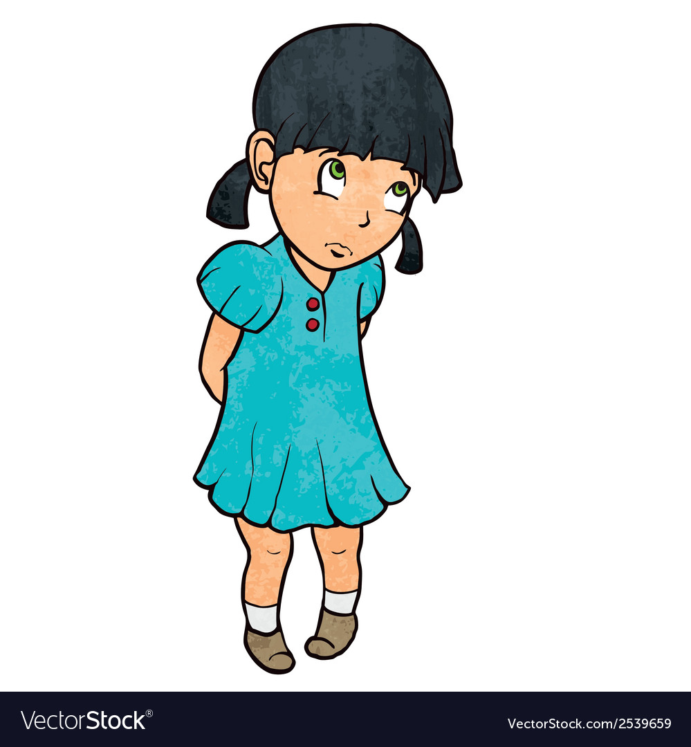 Cute sad guilty little girl in blue dress cartoon Vector Image