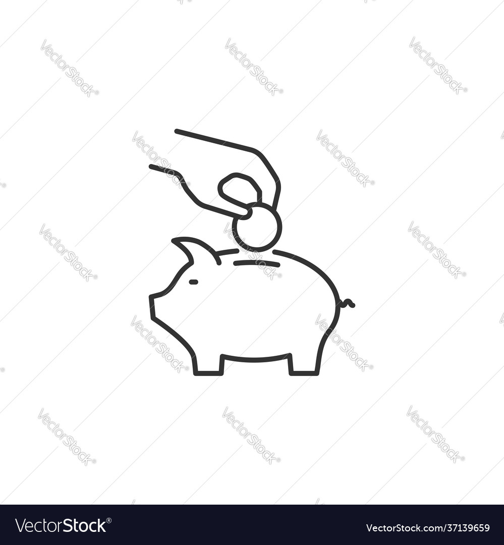 Hand puts coin in piggy bank line icon vector image Hand puts coin in piggy bank line icon