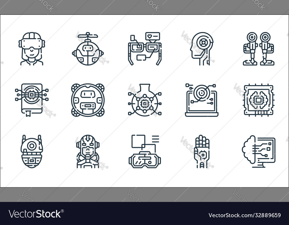 Robotics line icons linear set quality vector image Robotics line icons linear set quality