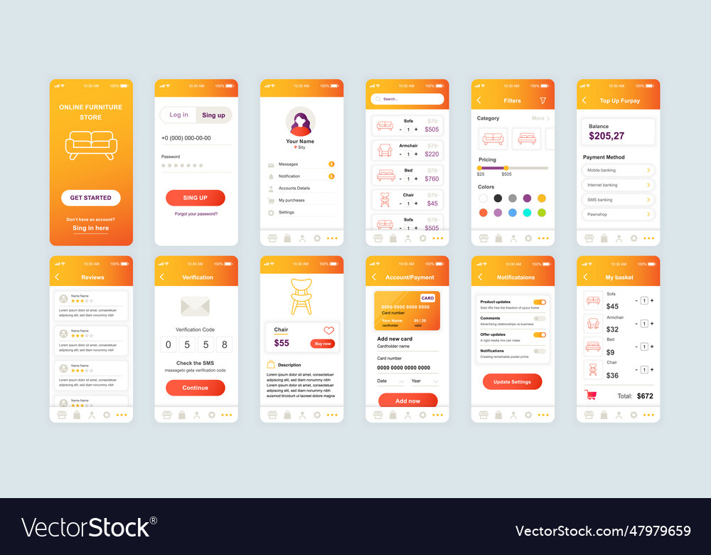 Set of ui ux gui screens shopping app flat design