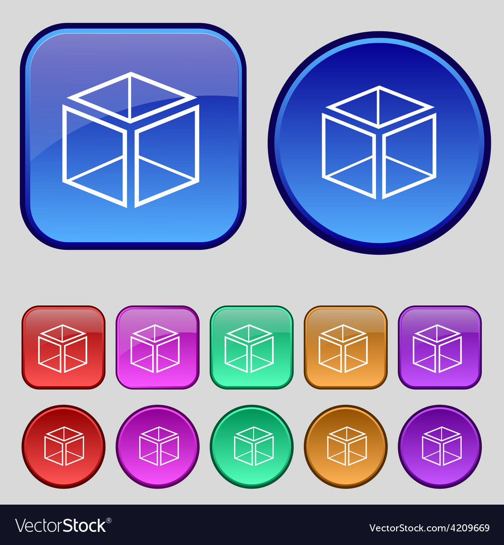 3d cube icon sign a set of twelve vintage buttons