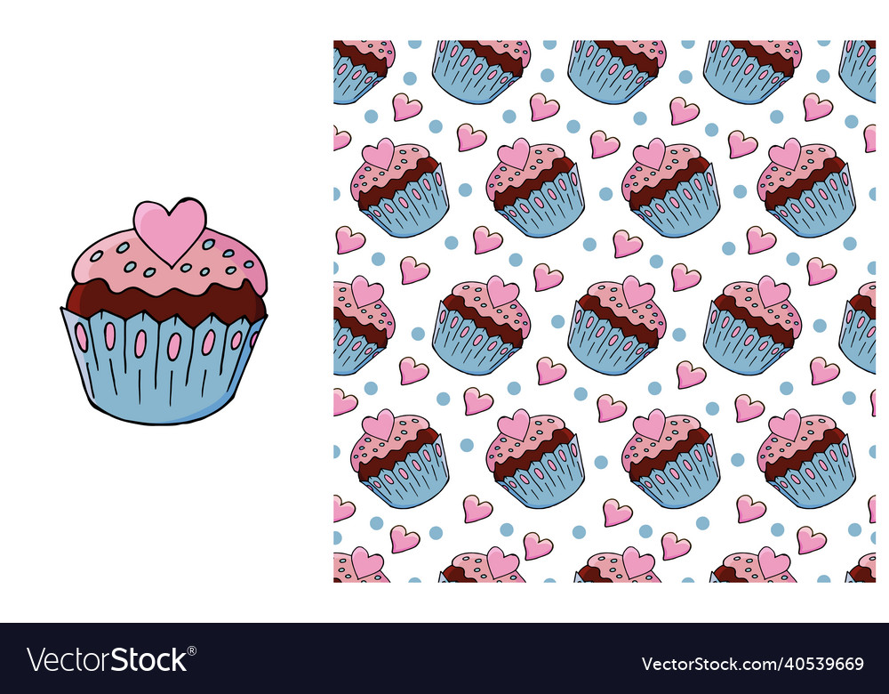 Cupcake muffin set of element and seamless pattern vector image Cupcake muffin set of element and seamless pattern