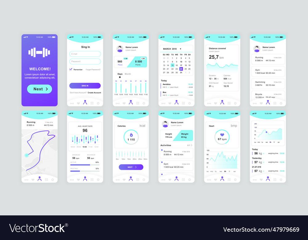 Set of ui ux gui screens fitness app flat design vector image Set of ui ux gui screens fitness app flat design