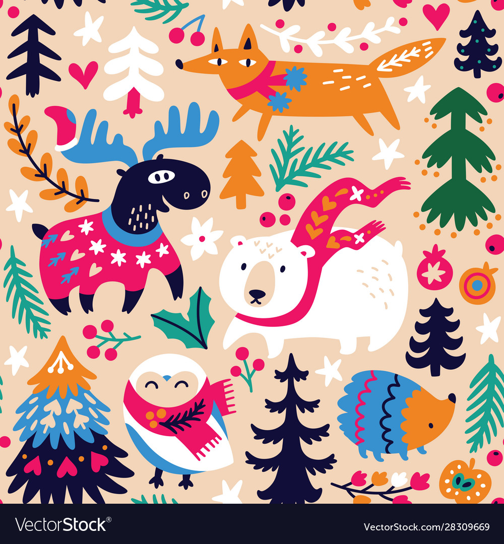 Woodland seamless pattern with cozy animals