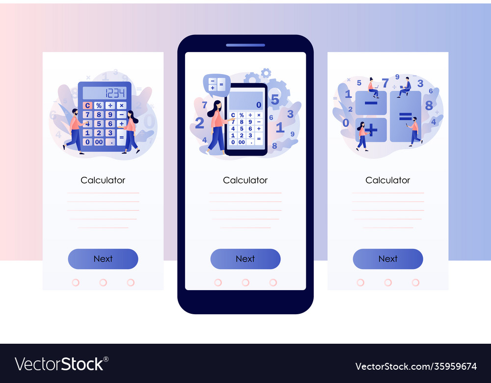 Calculator app tiny people with calculating vector image Calculator app tiny people with calculating
