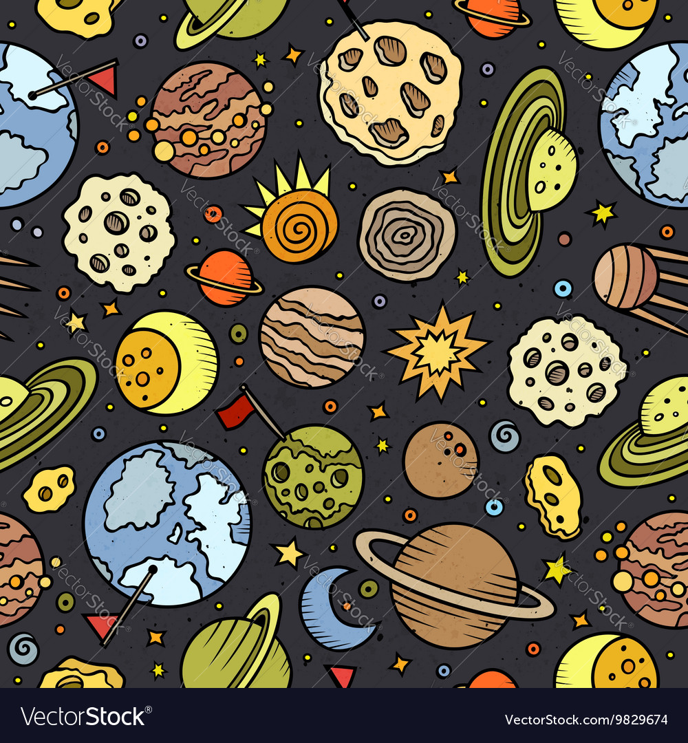 Cartoon hand-drawn space planets seamless pattern Vector Image