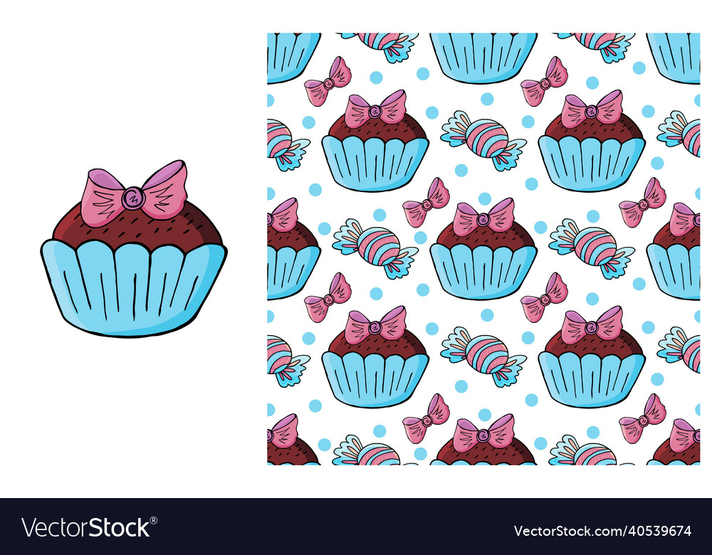 Cupcake muffin set of element and seamless pattern